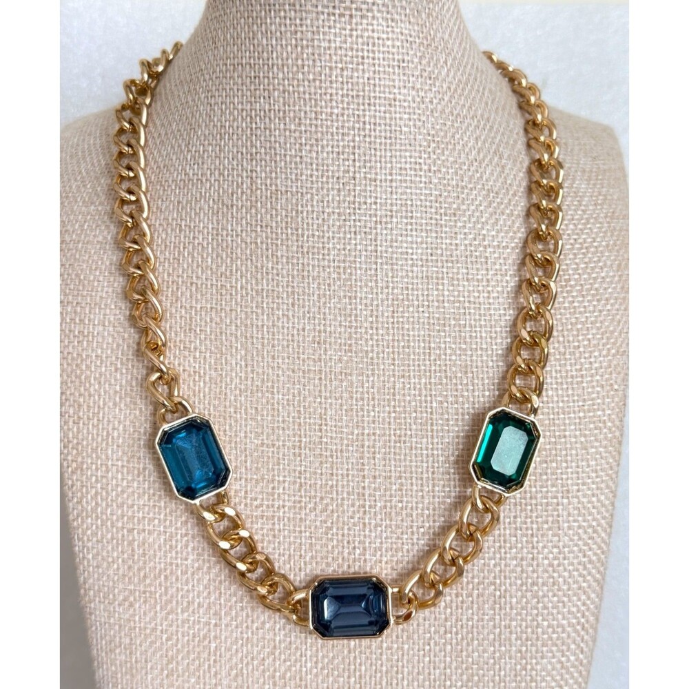 Gold Tone Chunky Link Chain Necklace Emerald Sapphire Blue Crystal Accent